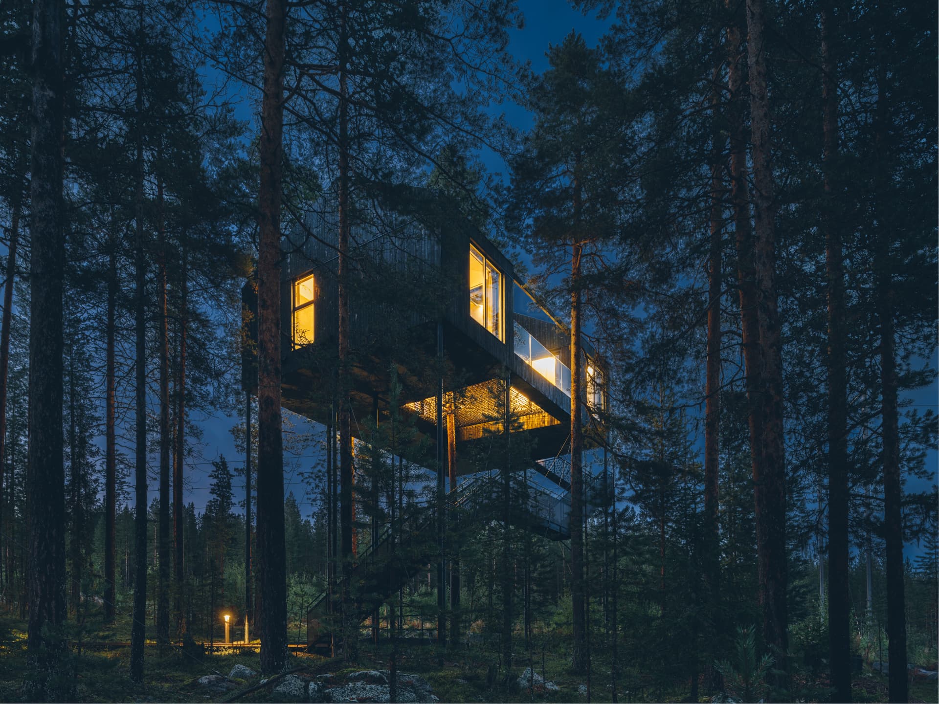 The 7th Room upplyst i kvällsskogen